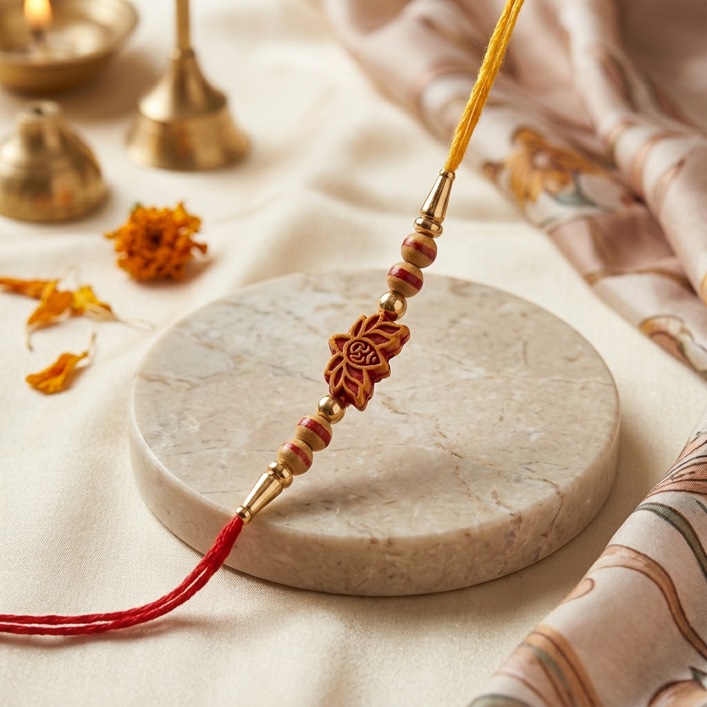 Traditional Lotus Bead Rakhi with Red Yellow Thread