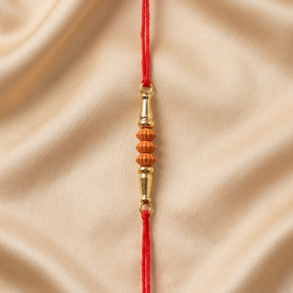 Traditional Red Thread Rakhi with Golden and Orange Beads