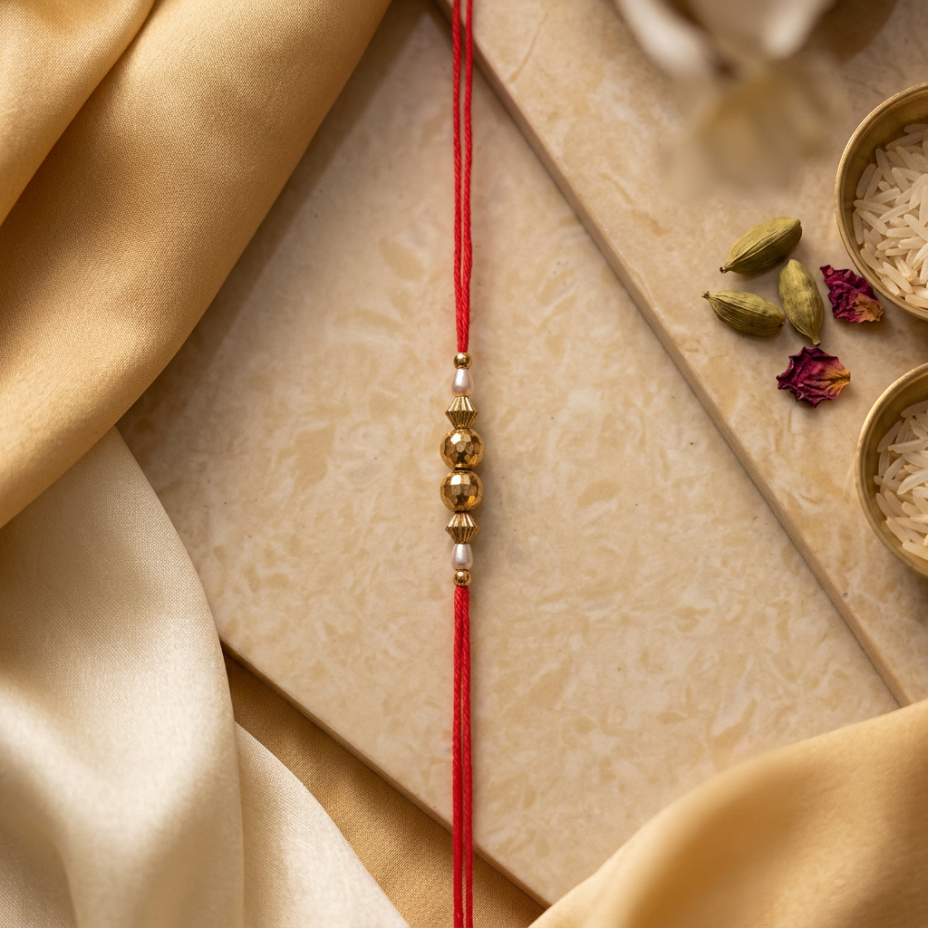 Red Thread Rakhi with Golden and Pearl Beads