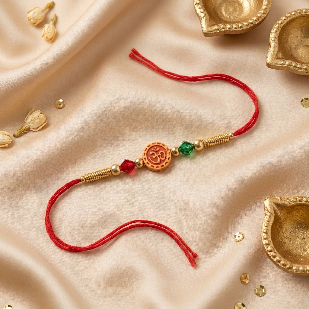 Om Centerpiece Red and Green Beaded Rakhi