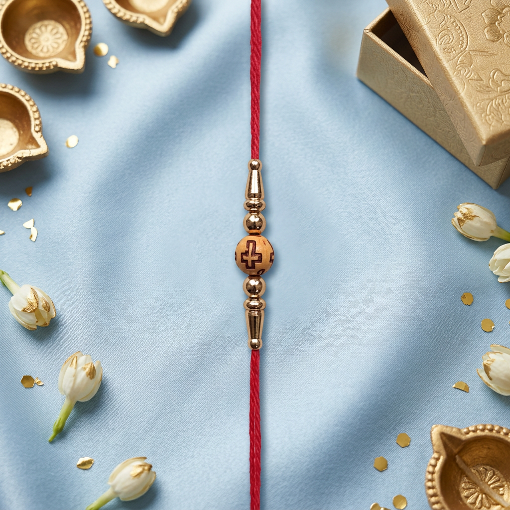 Minimalist Red Thread Rakhi with Golden Beads